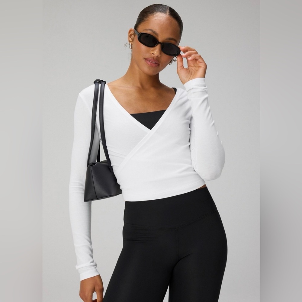 NWT Fabletics Modal Rib V-neck Crop L/S Top XS WHITE